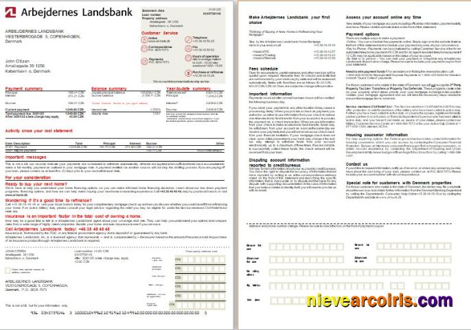 Denmark Arbejdernes Landsbank bank mortgage statement, 2 pages, 1-2